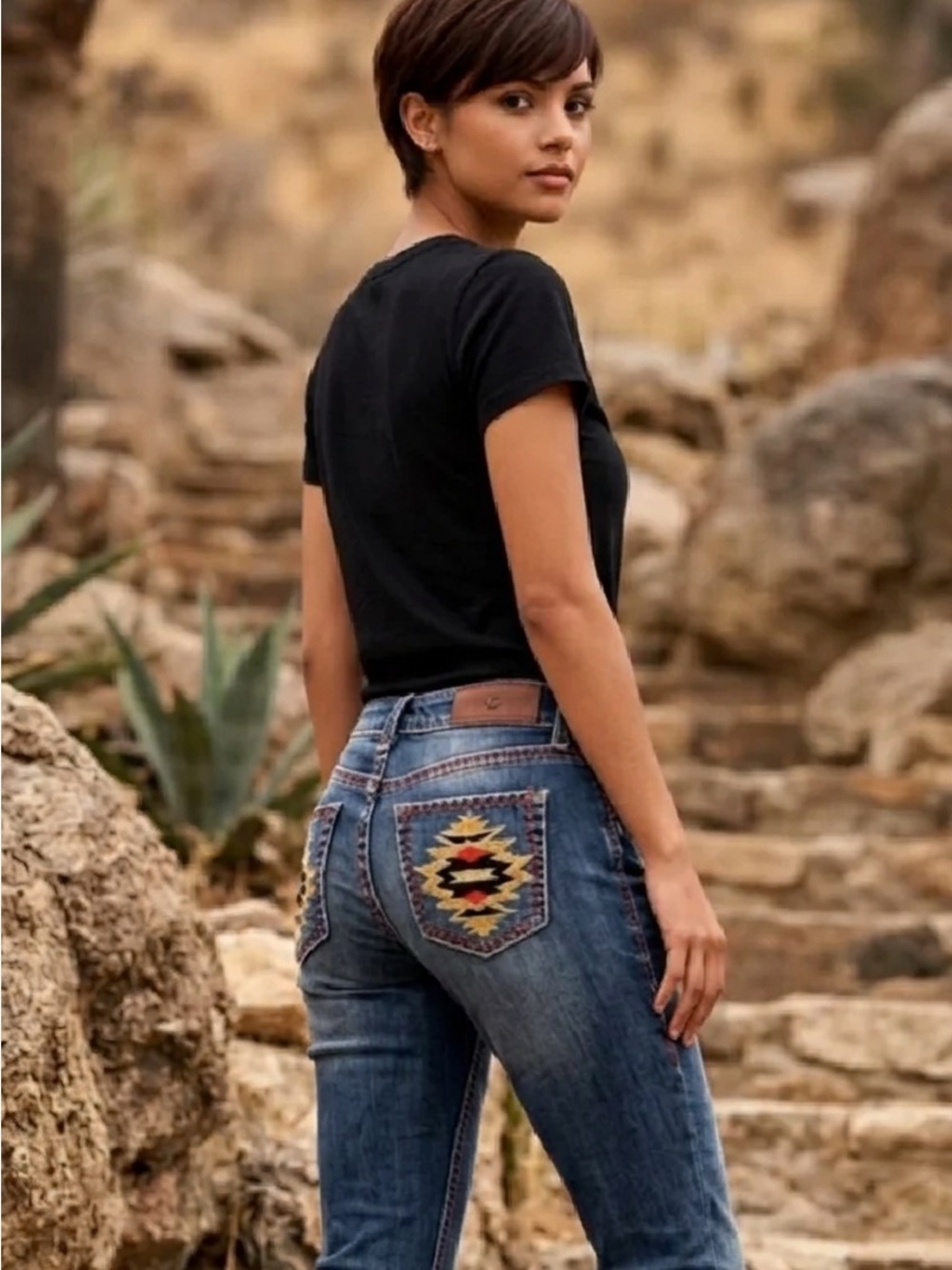 Rancho Estancia Navajo Western Embroidered Denim Distressed BootCut Jeans-30